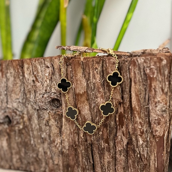 Gold & Black Clover Motif Stainless Steel Bracelet – Adjustable 9.25” Gift Ready - Picture 11 of 17